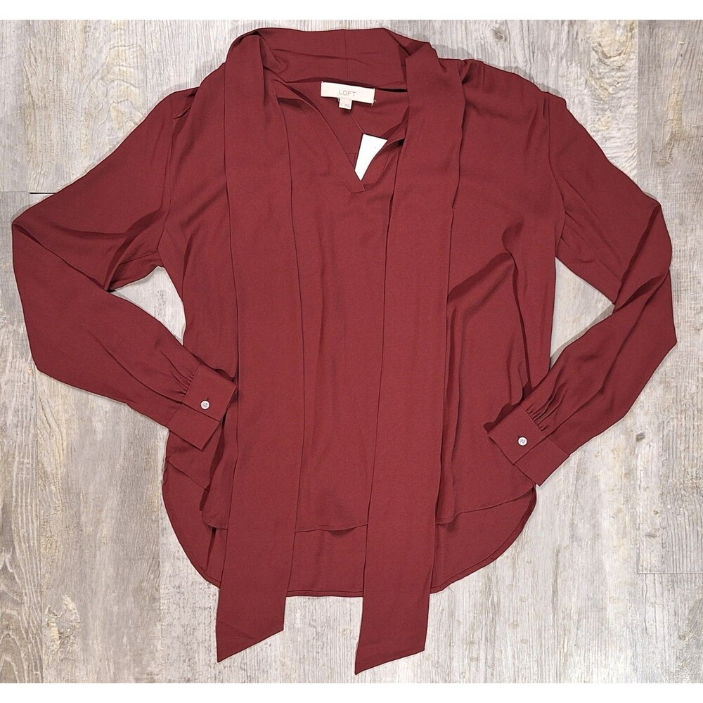 LOFT Blouse Womens Small Burgundy Wine Red Tie Neck Long Sleeve Lightweight